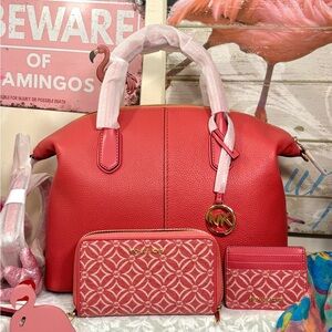 Michael Kors Hyde leather 3pc satchel set in light berry sorbet.